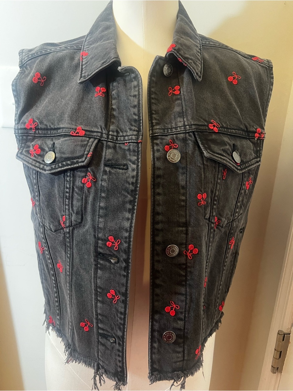 wild fable Black Denim Vest with Red Cherry Embroidery